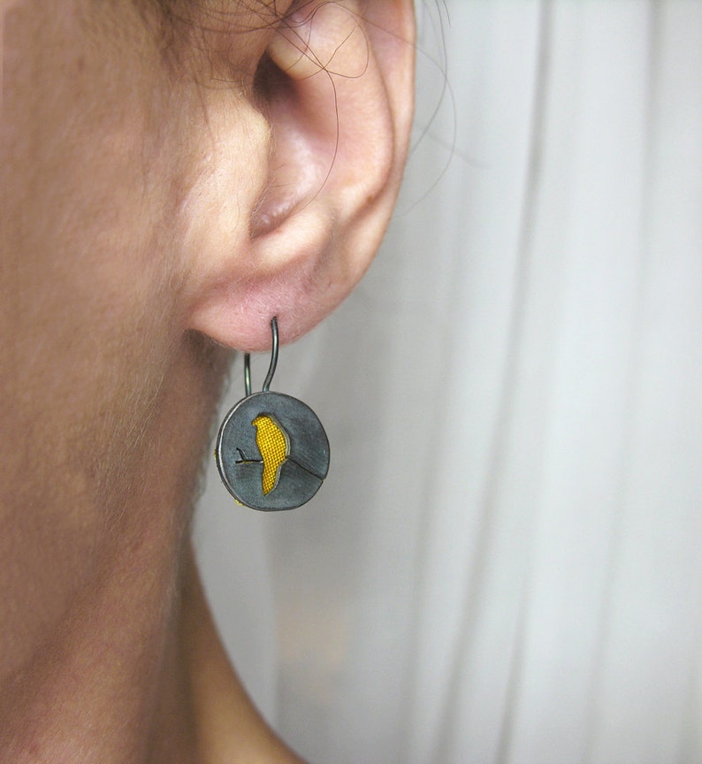 minimalist everyday earrings silver with wild Indian silk Bird on a branch earrings Black oxidized silver yellow birds