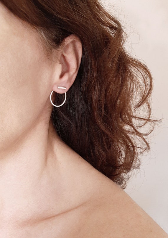Ear Jacket Open Circle and Bar Front Back Earrings Sterling