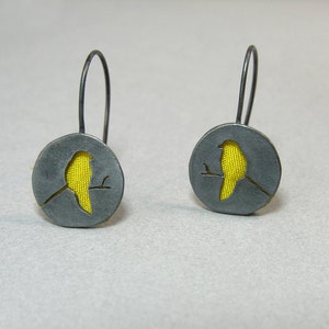 Bird on a branch earrings, silver with wild Indian silk, Black oxidized silver yellow birds, minimalist everyday earrings