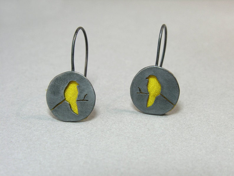 minimalist everyday earrings silver with wild Indian silk Bird on a branch earrings Black oxidized silver yellow birds
