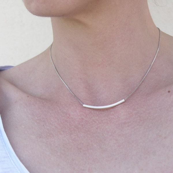 Tube necklace, silver curved bar necklace, everyday layering necklace, minimalist dainty jewelry