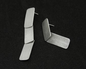 Geometric mismatched long earrings, modular, sterling silver asymmetrical, drop, statement earrings, minimal, gift for her