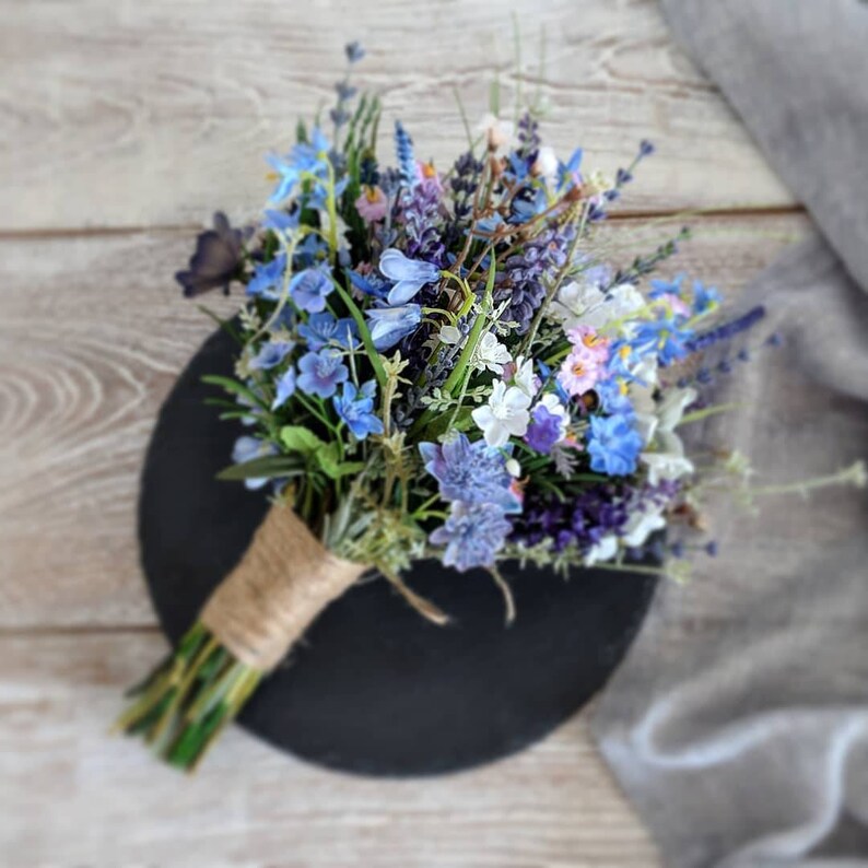 Wild Flowers Artificial Bride Bouquet Meadow Blooms Blue White Etsy UK