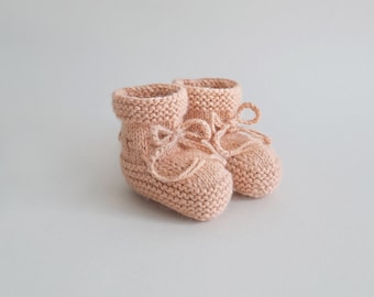 Baby girl slippers, socks hand knitted in alpaca, newborn to 6 months sizes, pale salmon