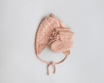 Baby Hat and Booties Set Pale Salmon, Newborn Girl Knitted Outfit