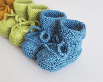 Blue hand knitted baby boy booties, Newborn crib shoes handmade 100% baby alpaca