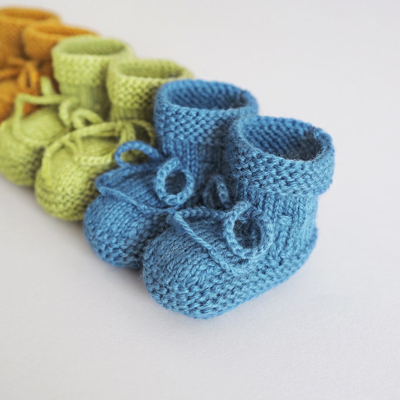 Blue hand knitted baby boy booties, Newborn crib shoes handmade 100% baby alpaca image 1