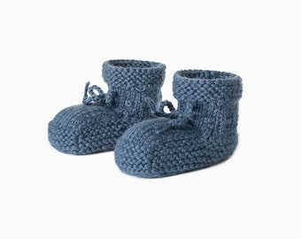 Heirloom baby booties knitted in soft alpaca blue jeans