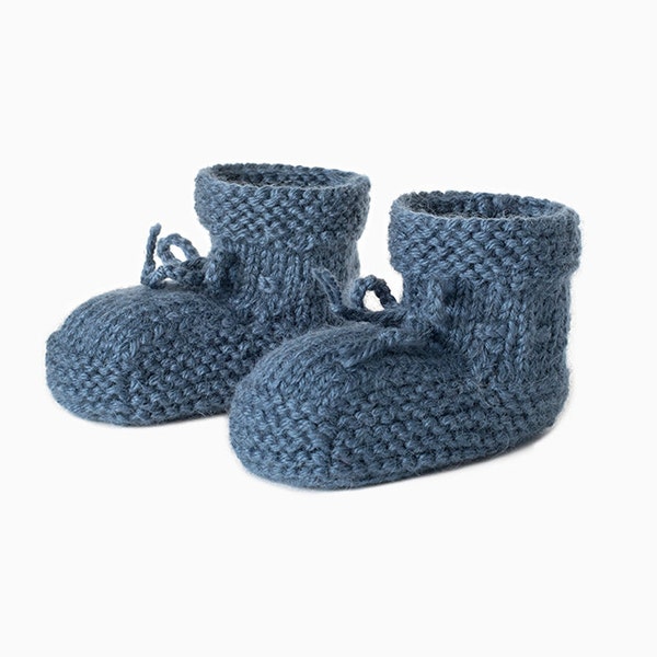 Heirloom baby booties knitted in soft alpaca blue jeans