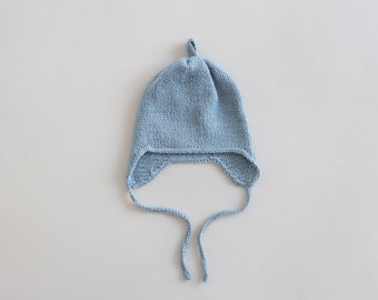 Alpaca Baby Knitted Hat Blue / Infant Boy Winter Beanie / Soft Knit Earflap Hat with Ties / Newborn Gift (0-1 m)