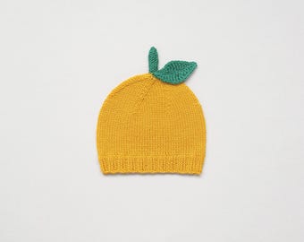 Lemon Baby Hat Merino Wool, Knitted Baby Costume Hat, Fruit Baby Beanie Yellow, Newborn Outfit for Photos, Welcome Baby Gift for Baby Shower