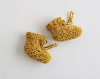 Gold hand knitted alpaca baby booties, Infant crib shoes, Wool socks stay on newborn to 6 months sizes unisex
