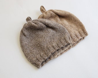 Knitted Newborn Hat Set - Alpaca Baby Beanie in Nut and Light Brown, Size 0-1 month