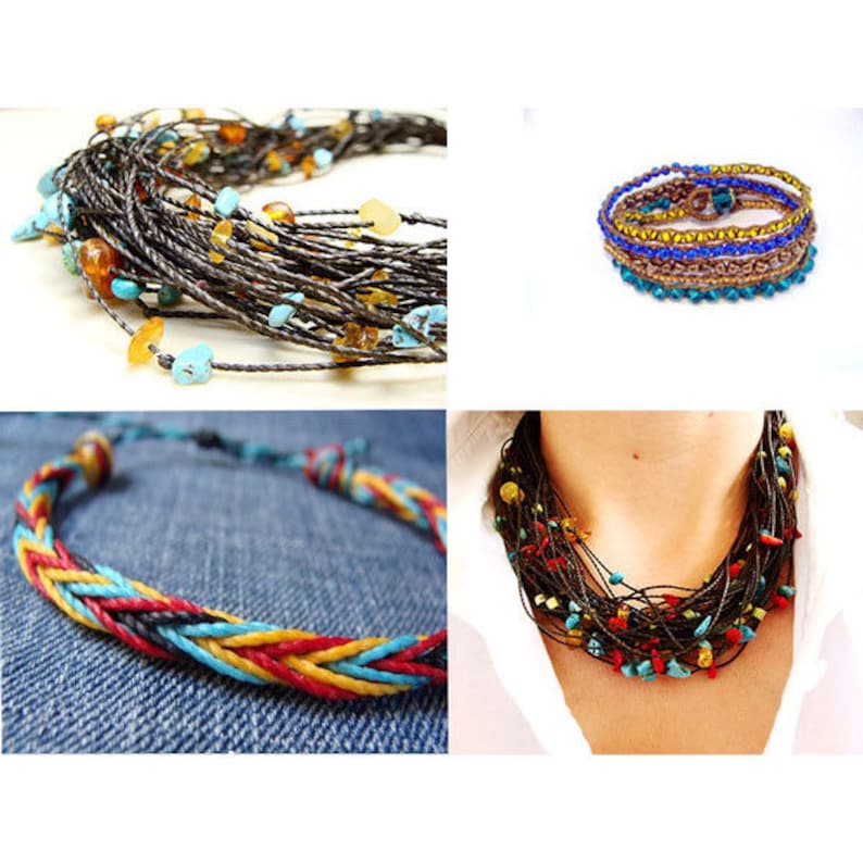 May include: A set of four necklaces featuring a variety of colorful beads and cords. The necklaces are made with brown, blue, red, yellow, and turquoise beads. The necklaces are layered and have a bohemian style.