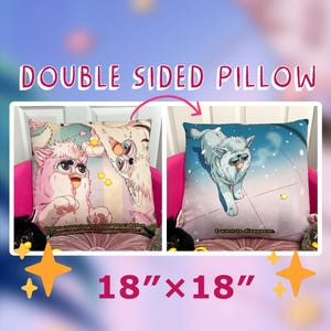 Puede incluir: Almohada de doble cara, 45,7 cm x 45,7 cm, con dos diseños distintos. Un lado muestra un personaje de dibujos animados rosa y blanco con el texto, "Do you remember who you were?" El otro lado muestra un personaje azul con el texto, "I want to disappear."