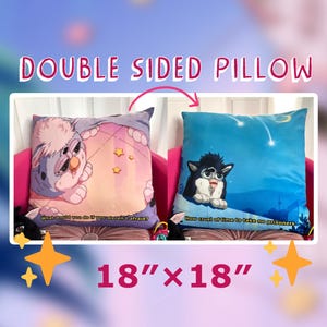 Puede incluir: Almohada de doble cara, 45.7 cm x 45.7 cm, con un personaje de dibujos animados sobre un fondo rosa y morado. El otro lado tiene un fondo azul con un personaje de dibujos animados diferente. El texto incluye "What would you do if you weren't afraid?" y "How cruel of time to take no prisoners."