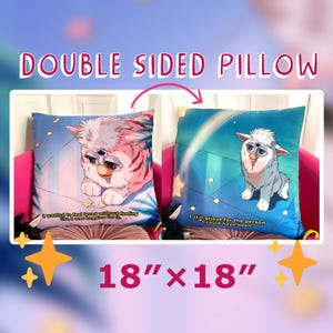 Puede incluir: Cojín de doble cara con un personaje de dibujos animados con gafas de sol sobre un fondo azul. El cojín mide 45,7 cm por 45,7 cm y tiene el texto: "I wanted to feel loved without feeling like I was begging for it." y "I still grieve for the person I could have been."