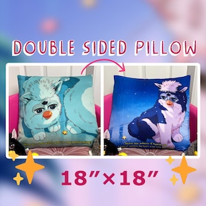 Puede incluir: Almohada de doble cara, 45,7 cm x 45,7 cm, con un diseño de personaje de dibujos animados. Un lado muestra un personaje azul claro con el texto "Who are you when you're not performing?" El otro lado tiene un personaje azul y negro con el texto "Show me where it hurts so".