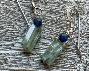 Tiny Green Kyanite baguette earrings with blue kyanite accent. Natural gemstones. Light weight Elegant boho style.