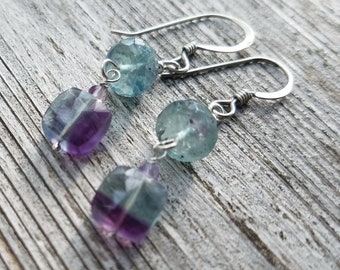 Shaded fluorite chandelier earrings. Purple blue aqua fluorite. S.S. Natural Gemstones. Lightweight for everyday. Boho sundance style