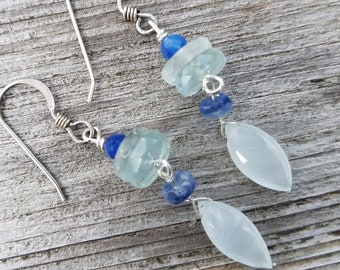 Icy AQUAMARINE &  kyanite chandelier EARRINGS- Marquis briolettes,blue Aquamarine. Kyanite, S.S. Natural gemstones.