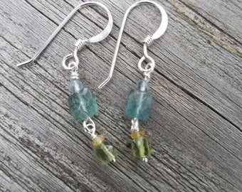 Blue tourmaline, peridot cube small chandelier earrings. Blue Aquamarine & Yellow sapphire accent, S.S. Natural gemstones. Lightweight.