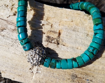 Solid Sterling Silver RUDRAKSHA BEAD & TURQUOISE necklace. Natural gemstones,Boho style organic jewelry to wear everyday.  primitive,Yoga