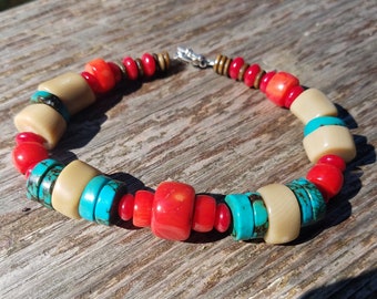 ターコイズとシルバーロンデルのブレス ターコイズ（ロンデル）とシルバービーズのエスニック