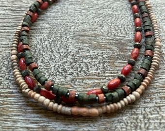 Multi-strand coral necklace: Red sponge coral, handmade antique Clay beads, faceted Pyrite. Natural, Organic jewelry, boho style