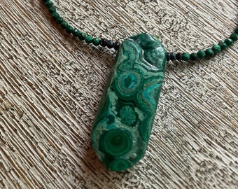 large MALACHITE nugget pendant NECKLACE. Malachite & AAA black spinel  strand. Sterling silver.