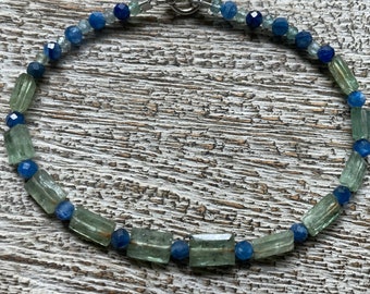 KYANITE  BRACELET: Green and blue faceted kyanite. S.S. Natural gemstones.  Elegant Boho Sundance style jewelry.