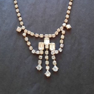 Vintage Rhinestone choker necklace #5 .  3 large baguettes & 5 round stones. Sparkling Art Deco style. Costume jewelry/ cocktail party