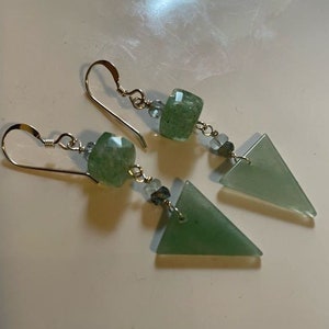 Green Aventurine & faceted Fluorite long drop triangle EARRINGS -moss aquamarine accent. Natural gemstones /Boho style, organic jewelry