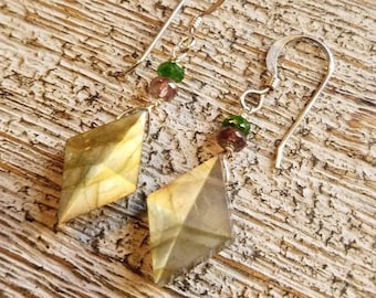 LABRADORITE pyramid earrings. Garnet & Chrome Diopside accent, S.S. Natural gemstones/ gold flash/elegant boho style organic jewelry