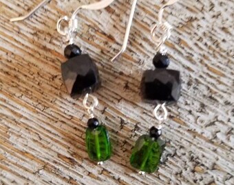 Black onyx cube, Green chrome diopside chandelier earrings. Black spinel accent, S.S. lightweight boho style