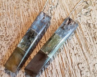 Blue & green KYANITE, labradorite intarsia earrings. S.S. Natural gemstones. Boho organic style. silver blue