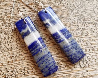 LAPIS LAZULI Nugget gemstone earrings. Indigo, white, gray long rectangle. white corundum accent. S.S. Natural organic boho style jewelry.