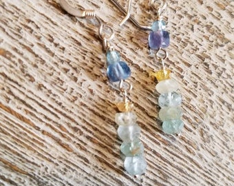 Aquamarine, Fluorite, yellow sapphire Chandelier Earrings.  Sterling Silver.