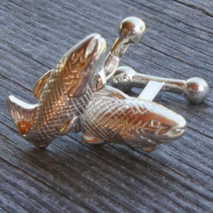 FISH CUFFLINKS- STERLING Silver french cuff- cast- high polish- fishing/ Angler/ flyfishing/ men&#39;s fashion/formal/ Coy fish/ Nautical/Resort