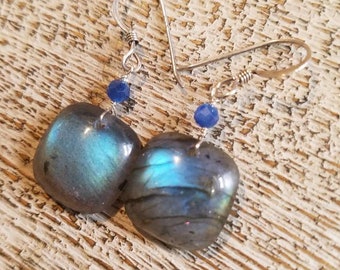 LABRADORITE puffed square earrings. Kyanite accent, S.S. Natural gemstones/ blue flash/elegant boho style organic jewelry
