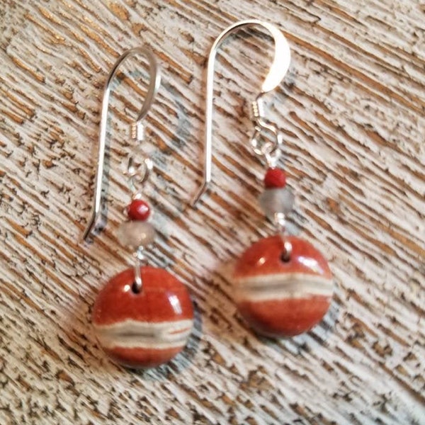 RED RIVER JASPER nugget earrings. Brick red with grey, & white mineral stripes.  Sterling silver. Tiny/  lightweight/ boho style