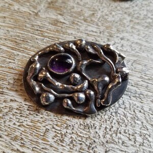 Sterling silver Amethyst Oval Pin.  Handmade, vintage, signed by artist.