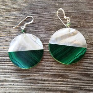Malachite & Mother of Pearl Earrings – Sterling Silver. Large circle Boho Jewelry
