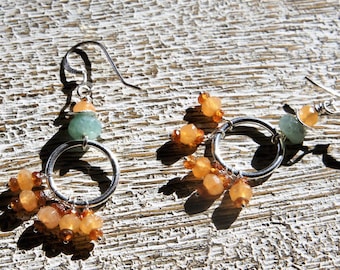 Aventurine & Garnet Sterling Silver Hoop Chandelier Earrings, Boho Style