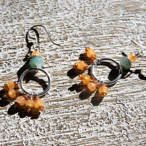 AVENTURINE, HOOP chandelier EARRINGS. Green, red aventurine, garnet,sterling silver hoops & disks/faceted natural gemstones/ Boho style