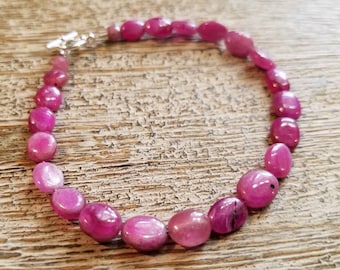 Pink Ruby gemstone Bracelet, Sterling Silver. Boho Jewelry