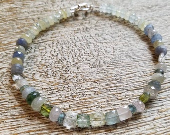 Sapphire, Tourmaline, AQUAMARINE bracelet. Natural faceted gemstones. light blue, yellow, green, clear. Boho style organic, birthstone