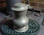 Antique PEWTER FLAGON Pitcher- Hinged lid- Marked ONDO - Early American