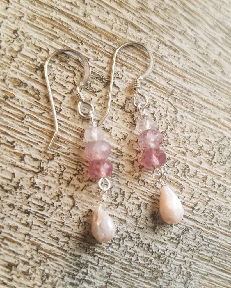 STRAWBERRY QUARTZ chandelier earrings Peach MOONSTONE S.S pink aquamarine accent Boho style organic jewelry Valentine/'s day