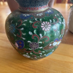 Antique Chinese small green cloisonne floral ginger jar with lid & butterfly motif